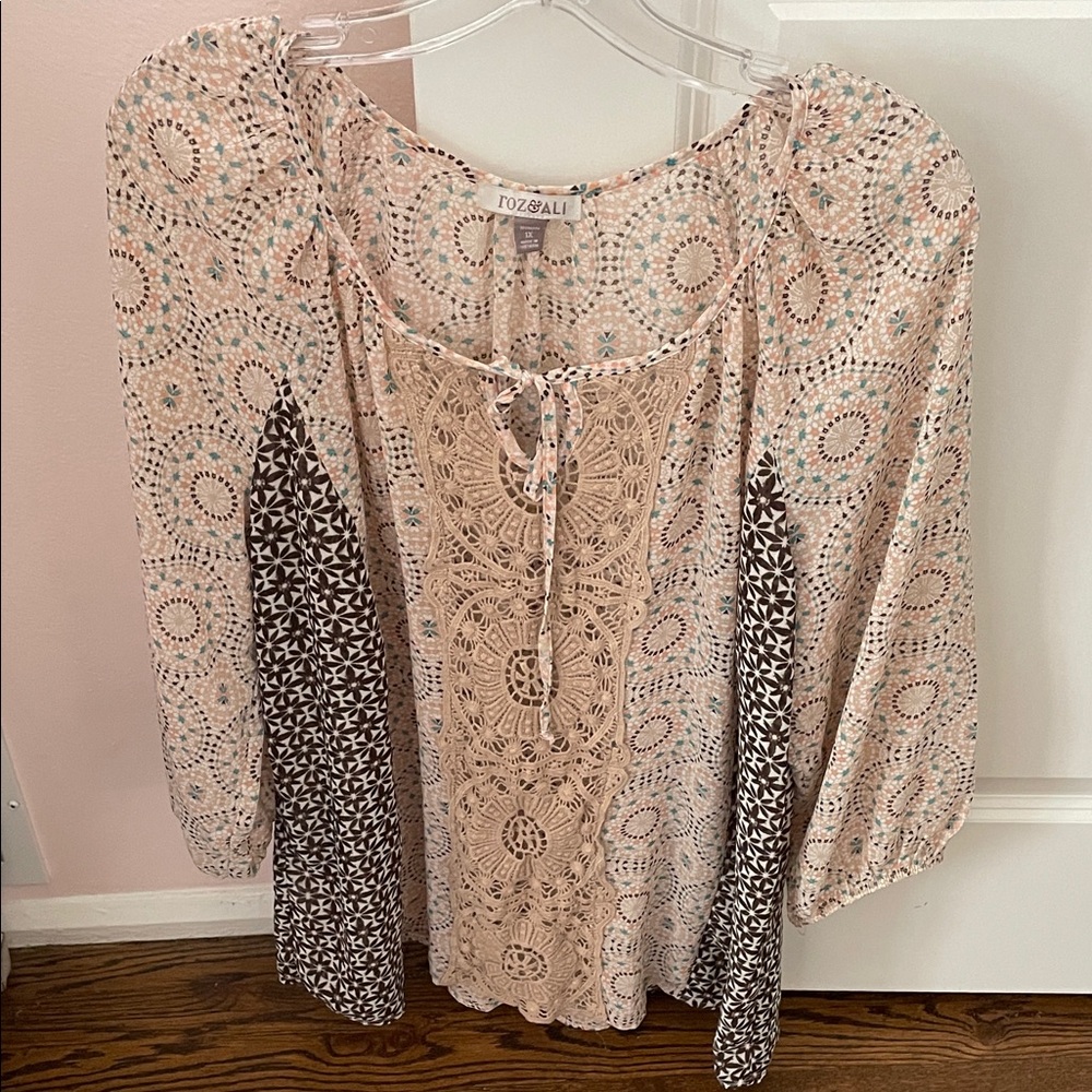 Roz & Ali Women's Blouse - Pink and Brown Pattern
